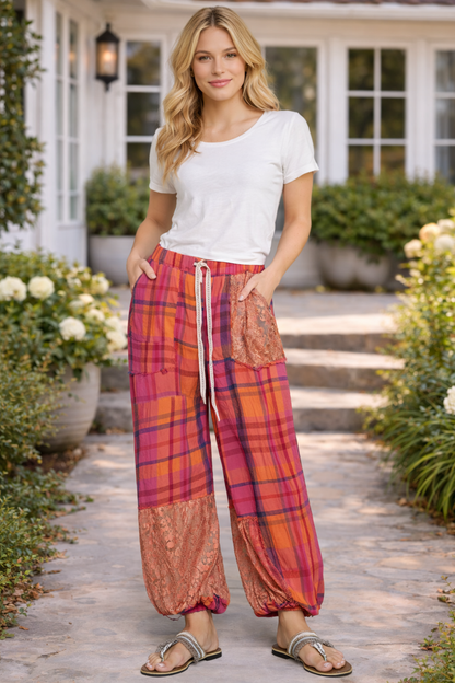 POL Plaid Pattern Raw Edge Woven Jogger Pants