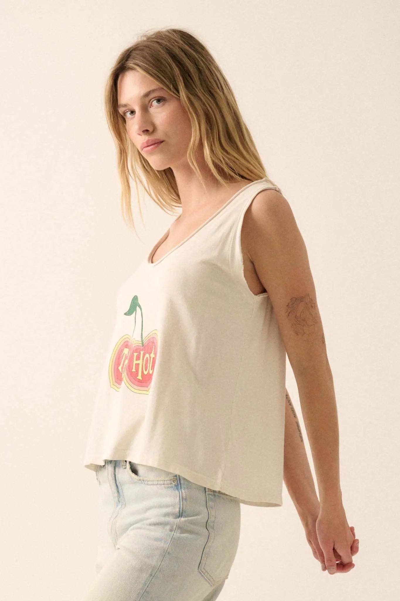 Too Hot Raw-Edge Cherries Graphic Tank Top