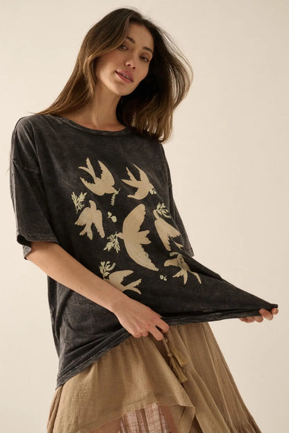 Free as a Bird Vintage-Wash Oversize Graphic Tee