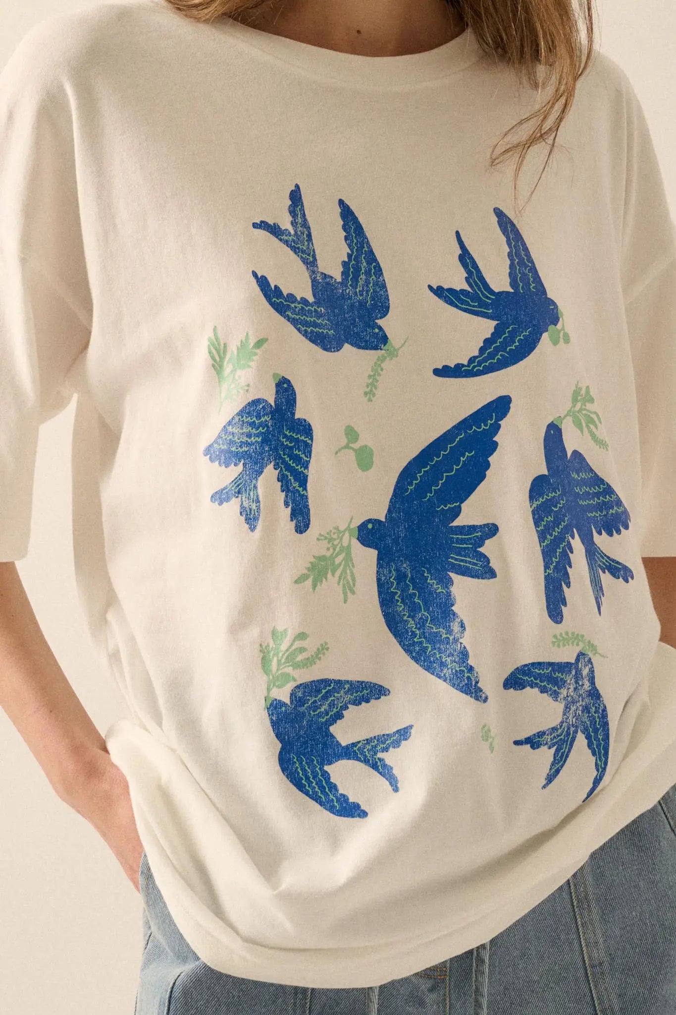 Blue Birds Vintage-Print Oversize Graphic Tee