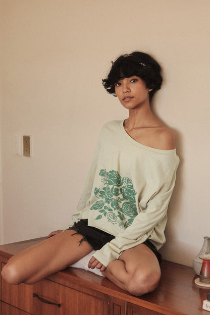 Sage Blooms Vintage-Wash Long-Sleeve Graphic Tee