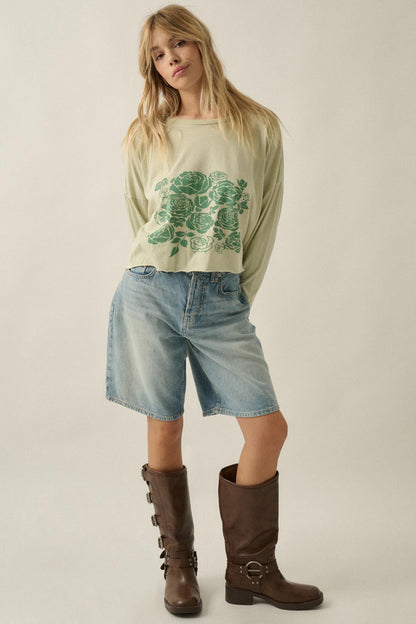 Sage Blooms Vintage-Wash Long-Sleeve Graphic Tee