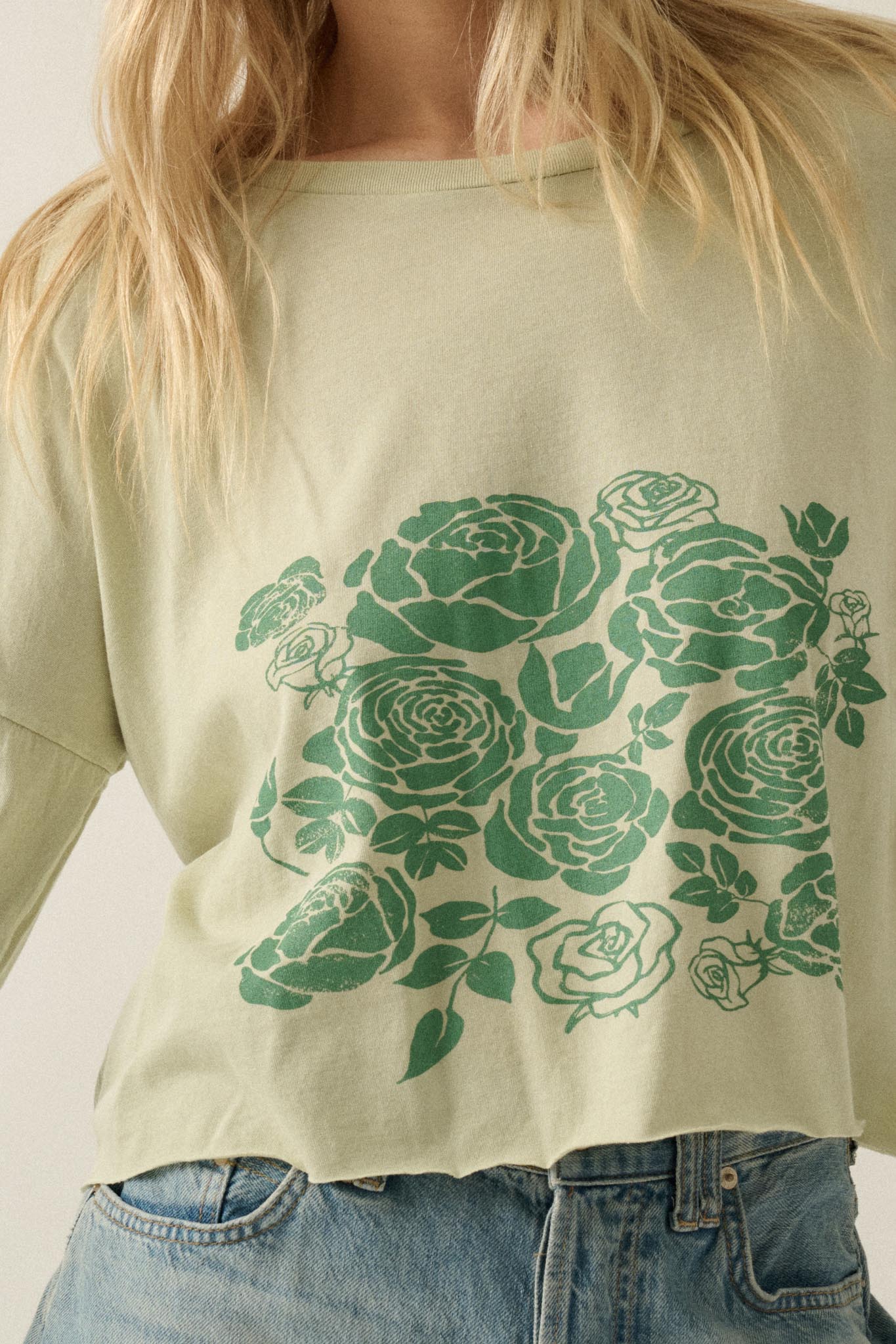 Sage Blooms Vintage-Wash Long-Sleeve Graphic Tee
