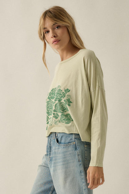 Sage Blooms Vintage-Wash Long-Sleeve Graphic Tee