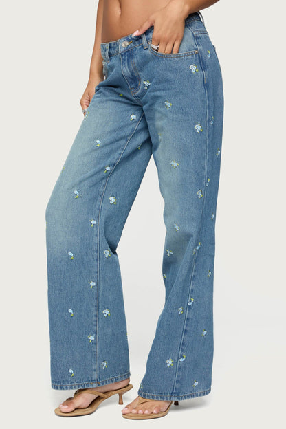 Edna Embroidered Floral Low Rise Baggy Jeans
