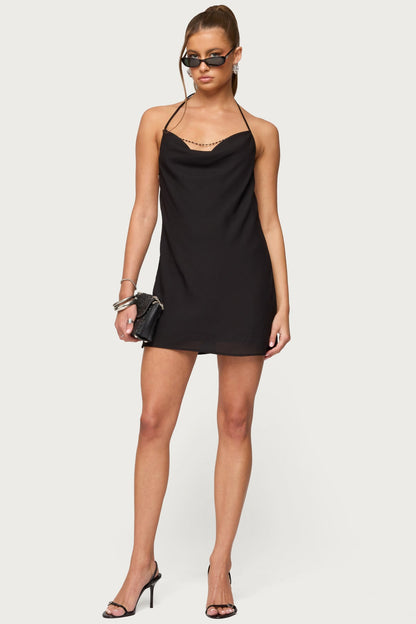 Bead Backless Cowl Neck Mini Dress