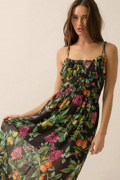 Luscious Life Fruit-Print Gathered Maxi Dress