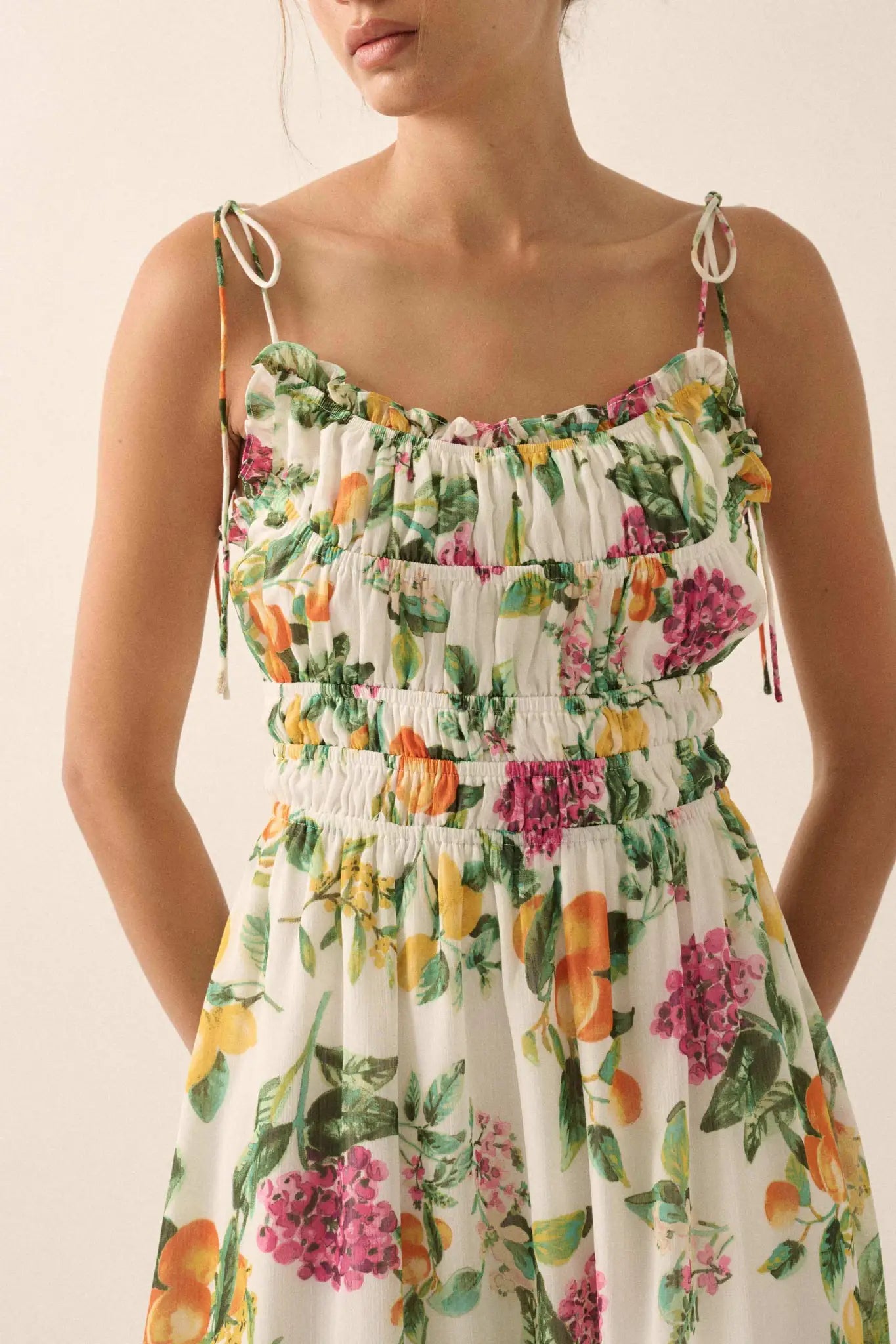 Luscious Life Fruit-Print Gathered Maxi Dress