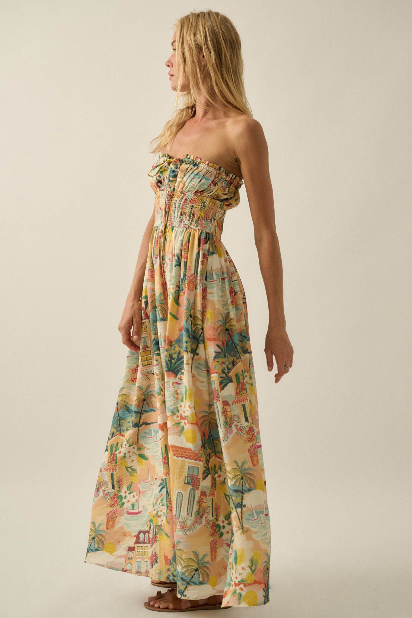 Bahama Mama Tropical-Print Strapless Maxi Dress