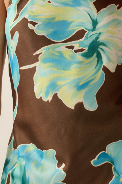 Wild Iris Floral Bias-Cut Satin Halter Mini Dress