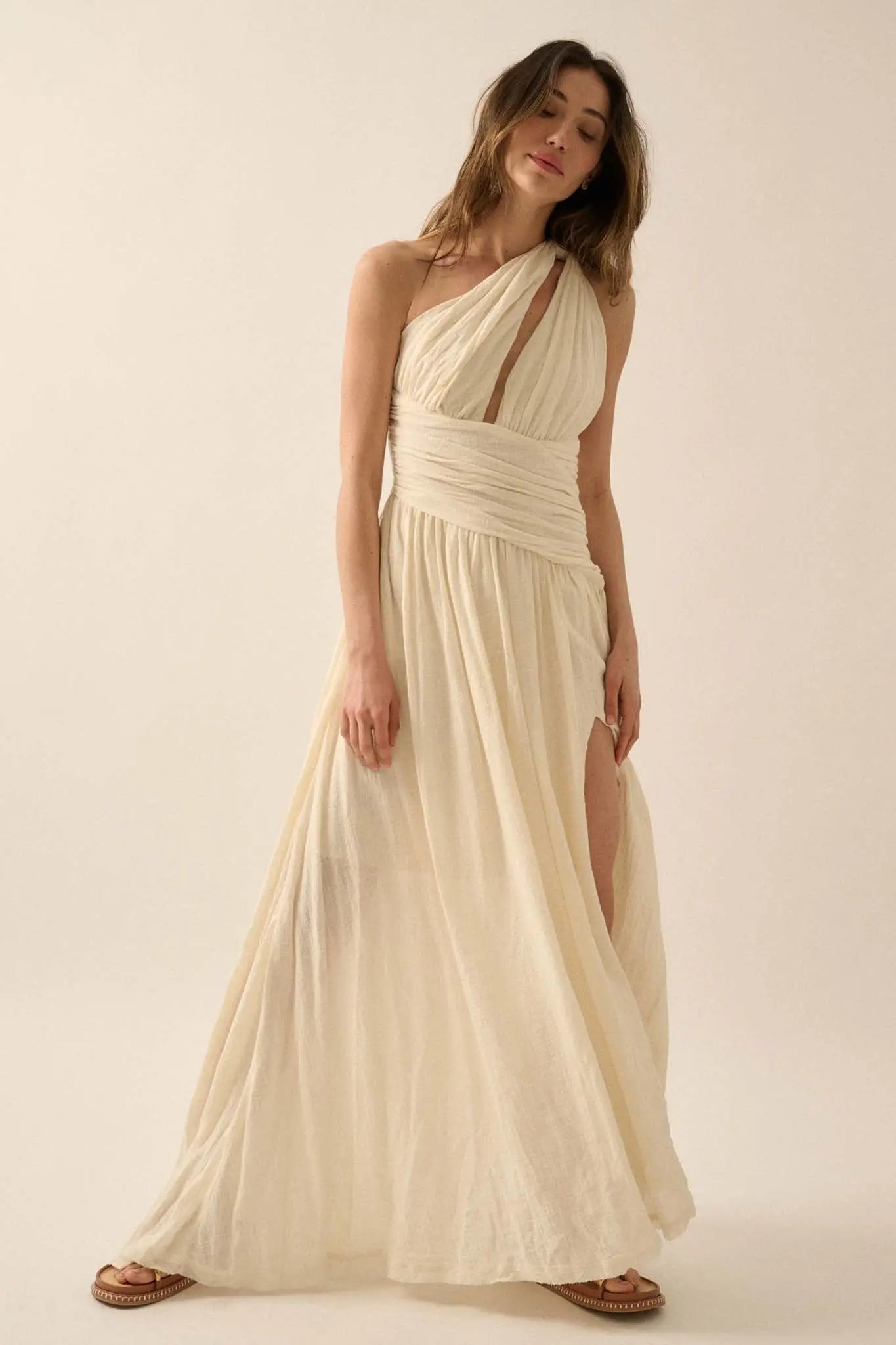 Swept Away Textured Cotton One-Shoulder Maxi Dress