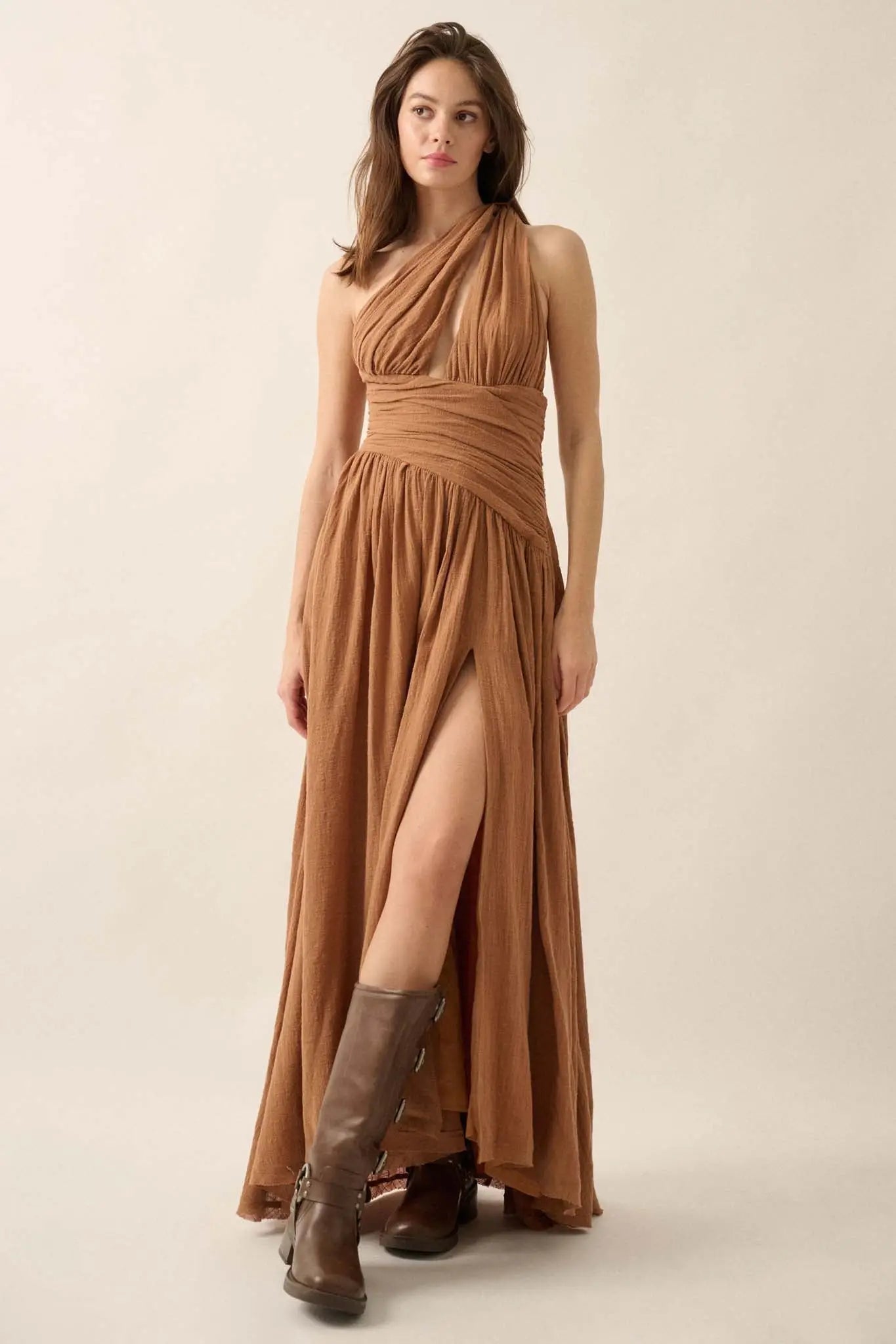 Swept Away Textured Cotton One-Shoulder Maxi Dress
