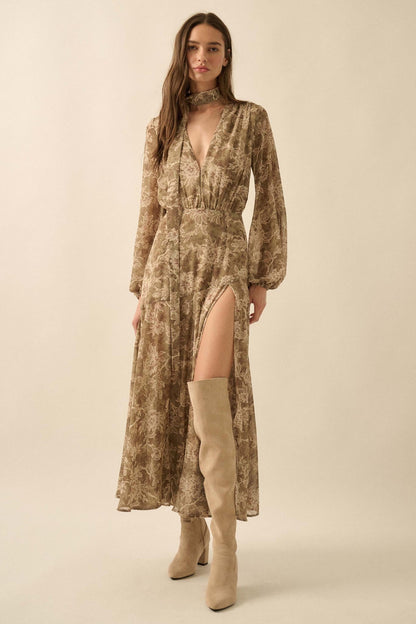 Treasured Beauty Floral Chiffon V-Neck Maxi Dress