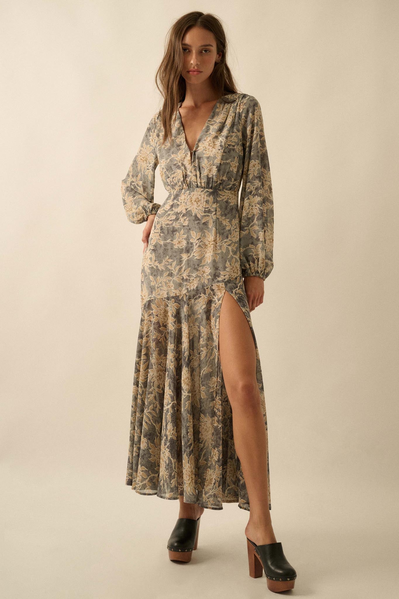 Treasured Beauty Floral Chiffon V-Neck Maxi Dress