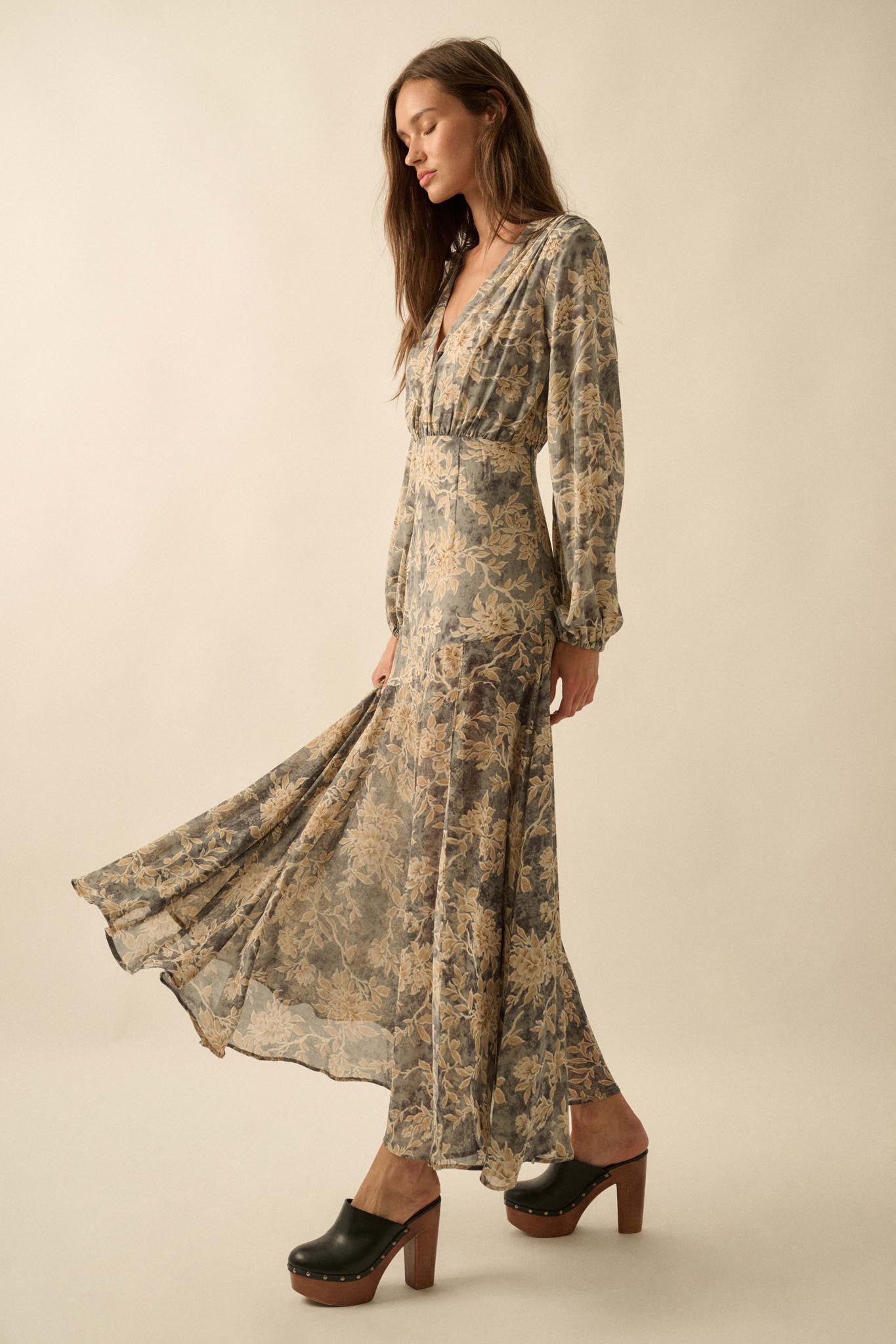 Treasured Beauty Floral Chiffon V-Neck Maxi Dress