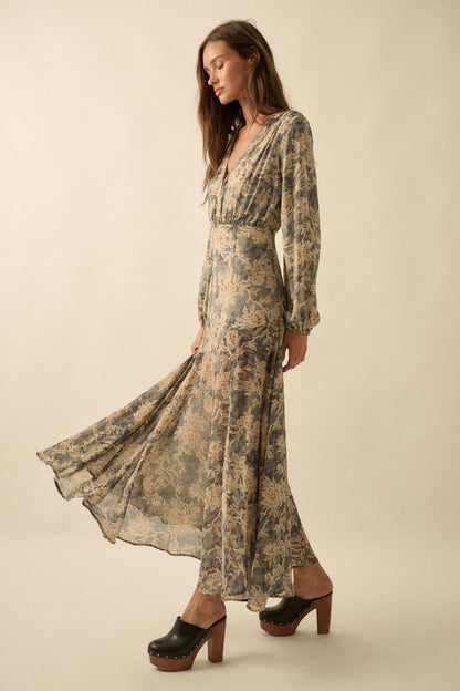 Treasured Beauty Floral Chiffon V-Neck Maxi Dress