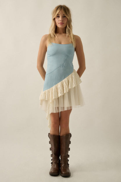 Open Skies Denim and Lace Ruffle Mini Dress