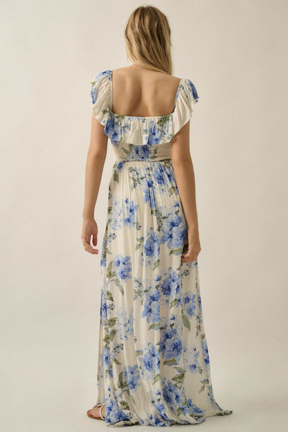 Elegant Garden Floral Smocked Off-Shoulder Maxi Dress