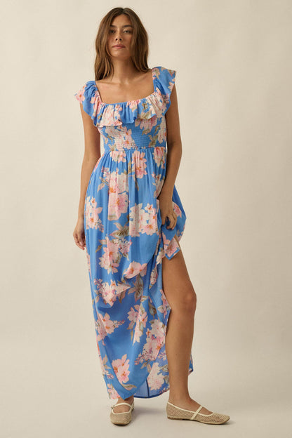 Elegant Garden Floral Smocked Off-Shoulder Maxi Dress