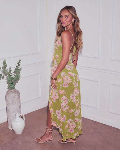 Capriccio Satin Floral Ruffle Maxi Dress