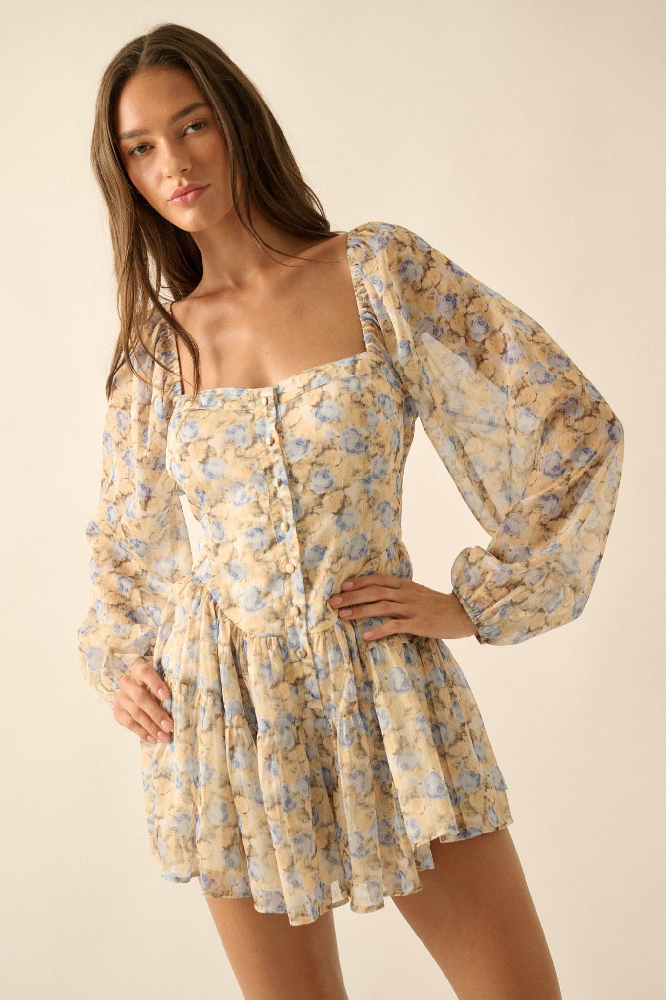 Sunlit Kiss Floral Chiffon Tiered Ruffle Romper