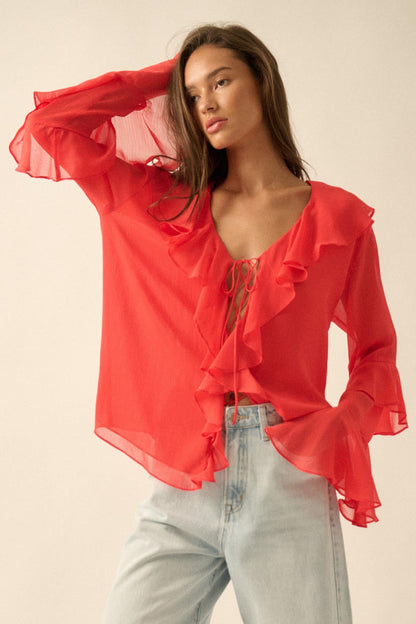 Romance Language Ruffled Chiffon Tie-Front Top
