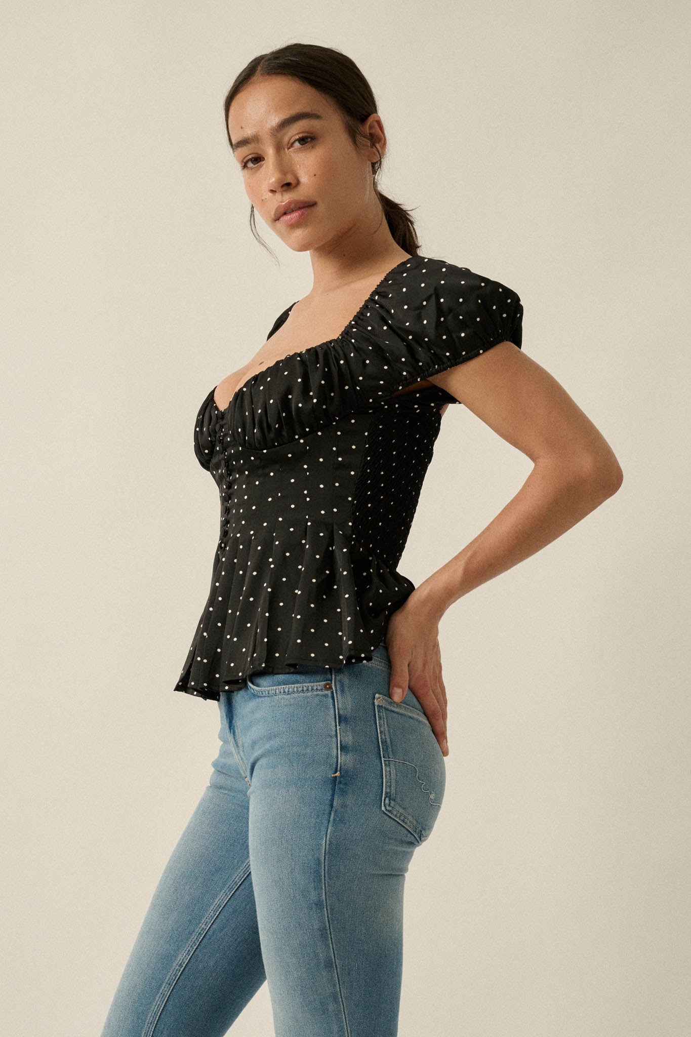 On the Dot Polka Dot Satin Puff-Sleeve Peplum Top