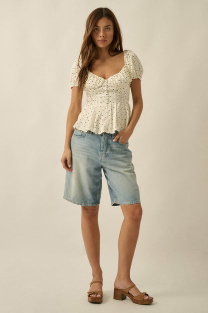 On the Dot Polka Dot Satin Puff-Sleeve Peplum Top