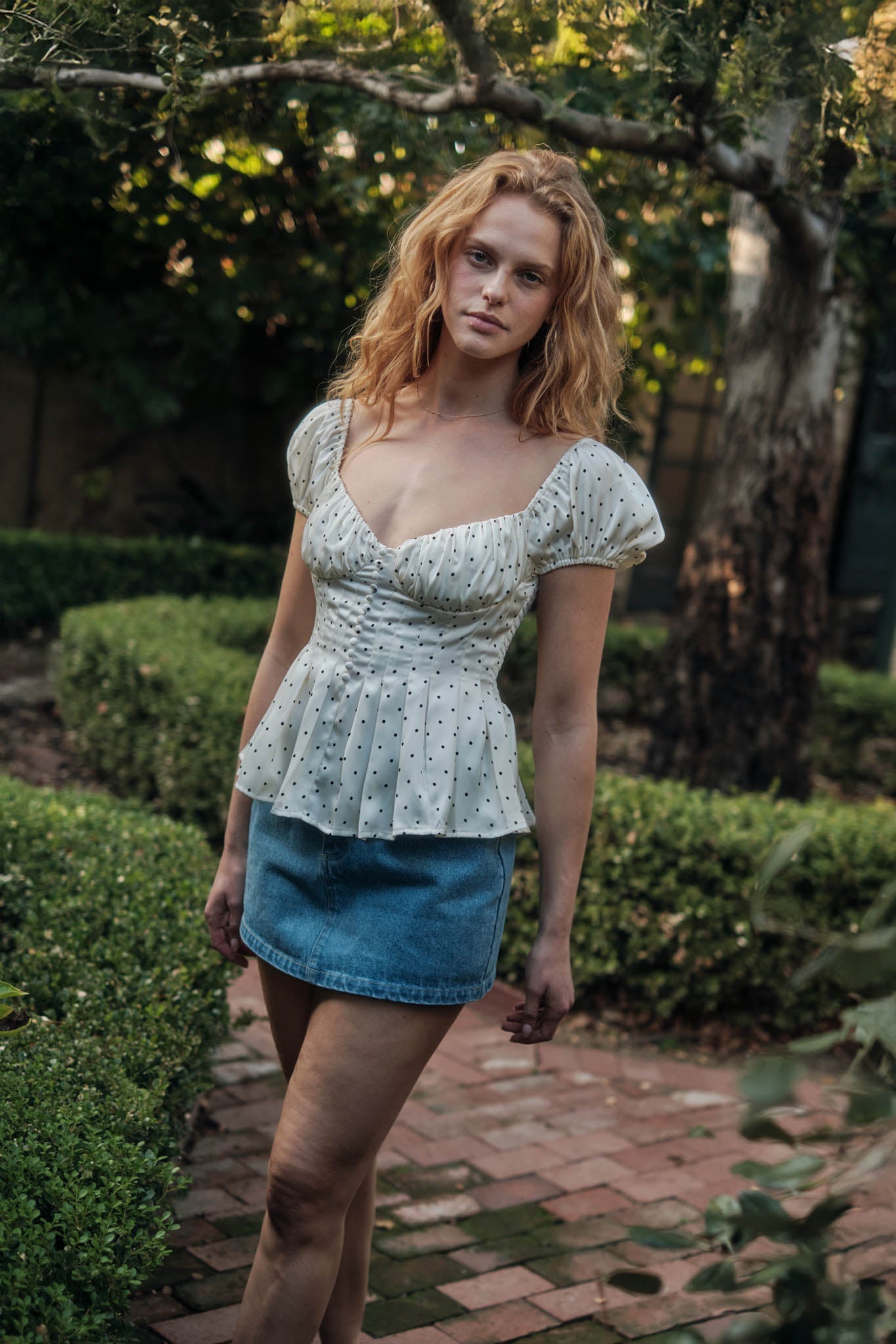 On the Dot Polka Dot Satin Puff-Sleeve Peplum Top