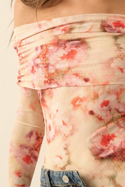 Always Rosy Floral Mesh Off-Shoulder Bodysuit