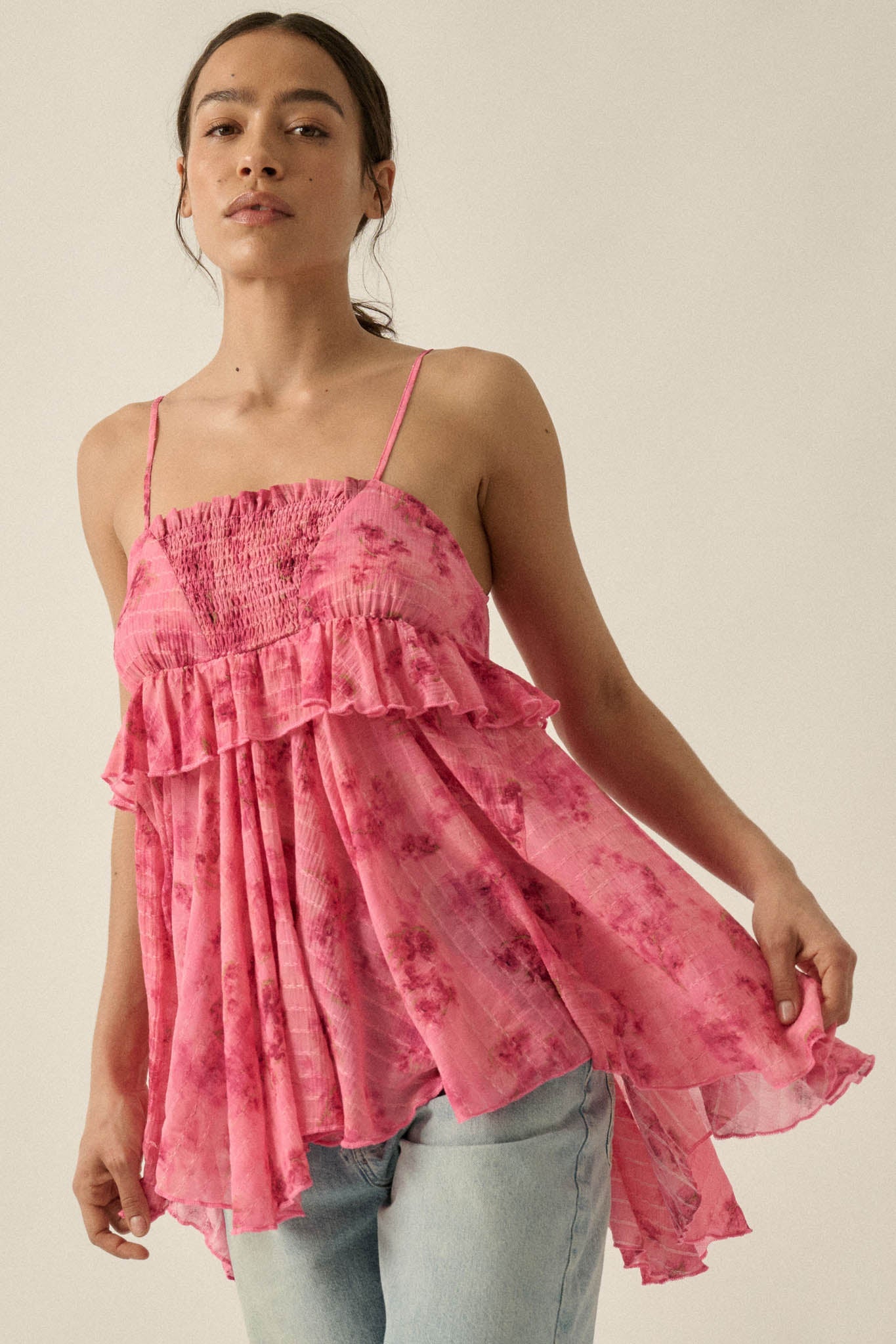 Full Bloom Striped Floral Chiffon Babydoll Cami Top