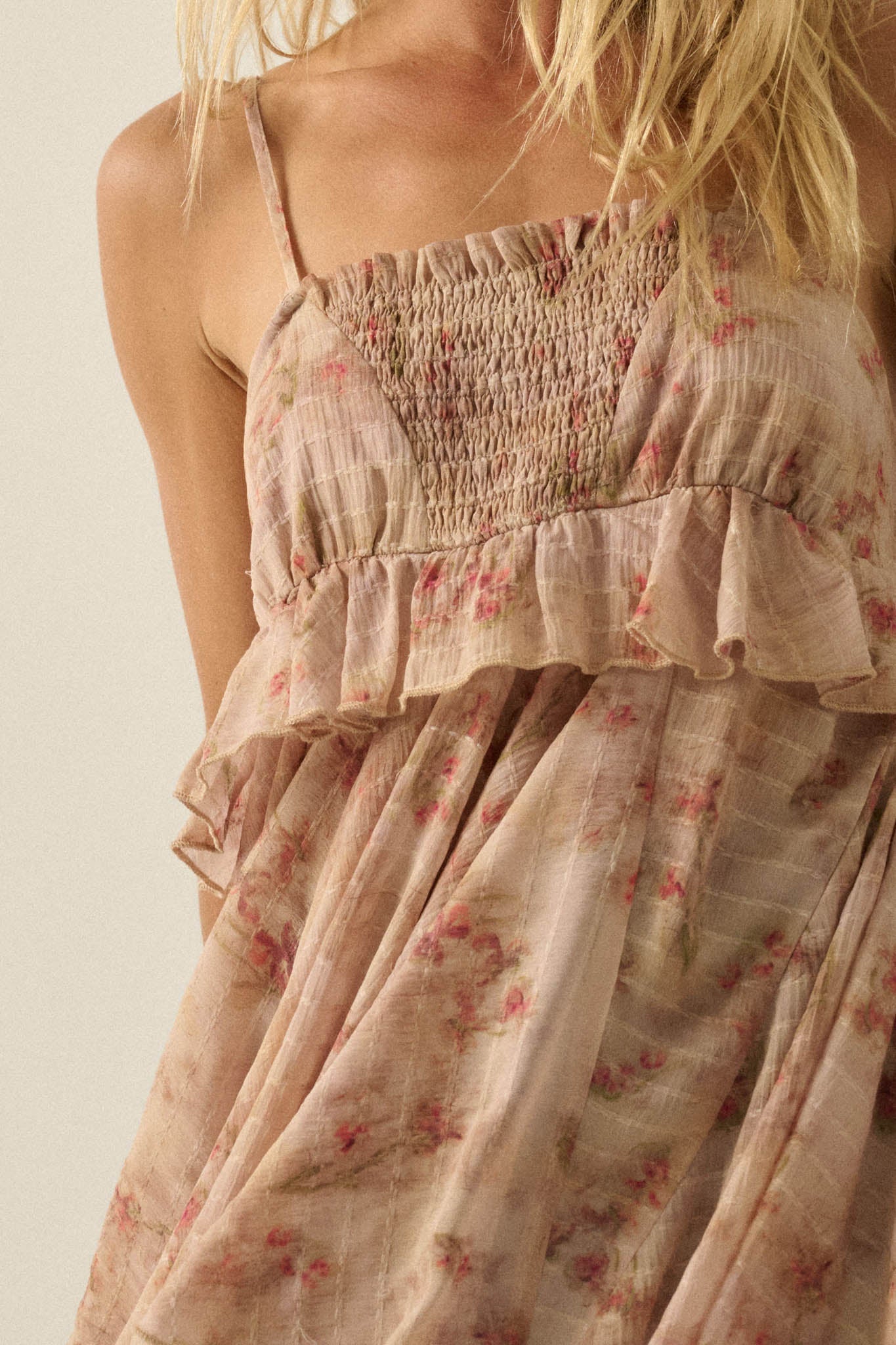 Full Bloom Striped Floral Chiffon Babydoll Cami Top