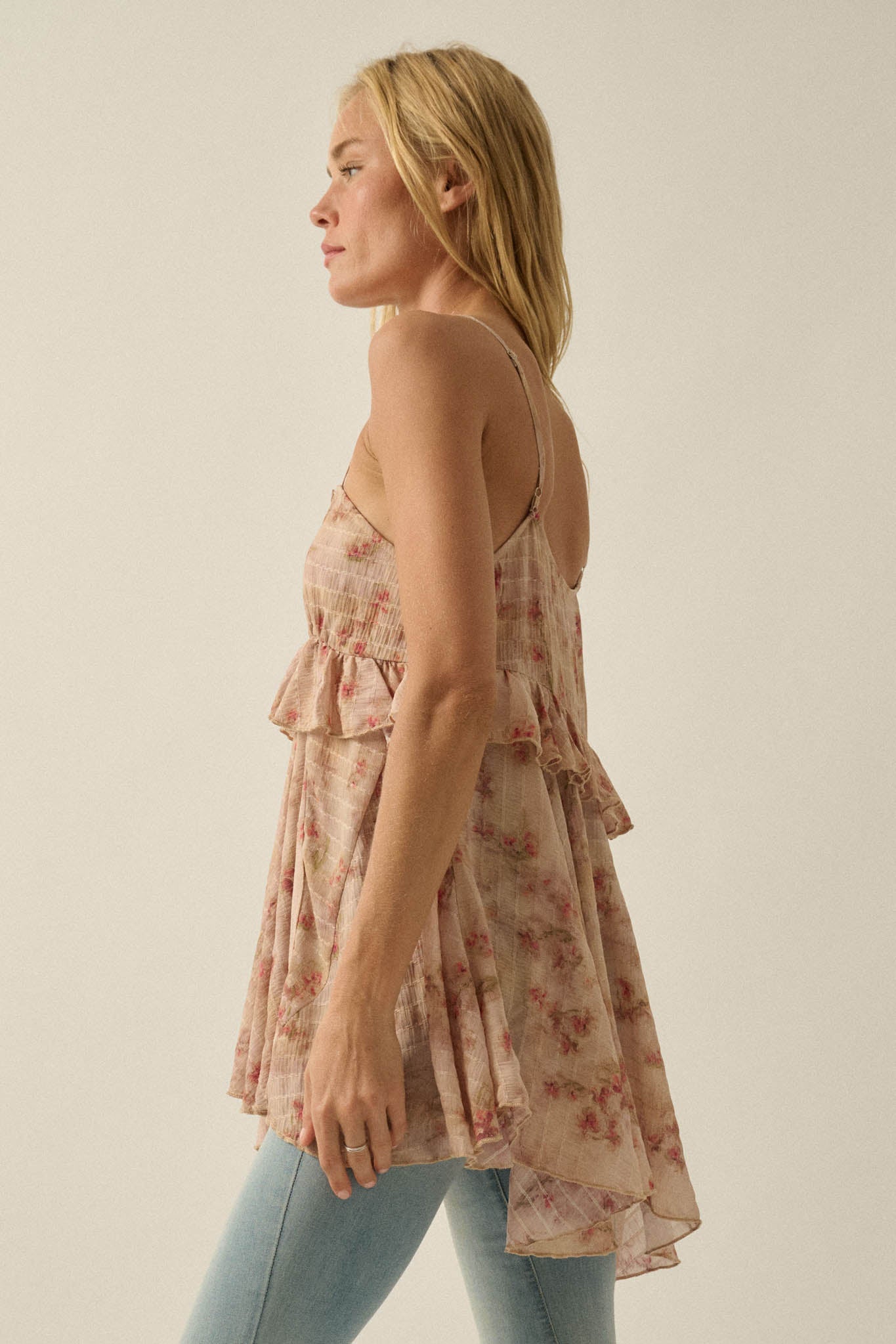 Full Bloom Striped Floral Chiffon Babydoll Cami Top