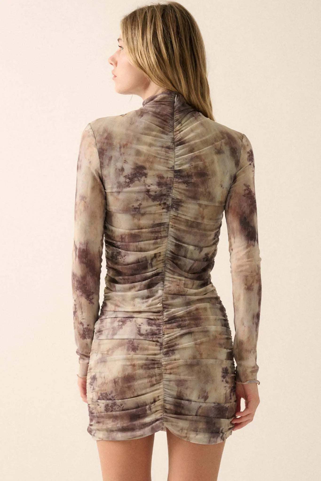 Smoke and Mirrors Ruched Tie-Dye Mesh Mini Dress