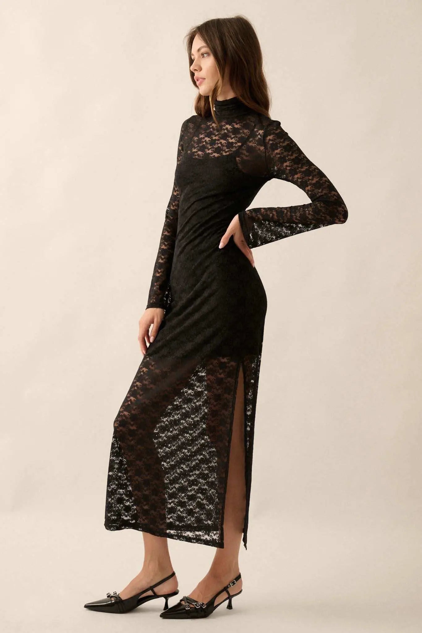 Black Honey Floral Lace Mock-Neck Midi Dress