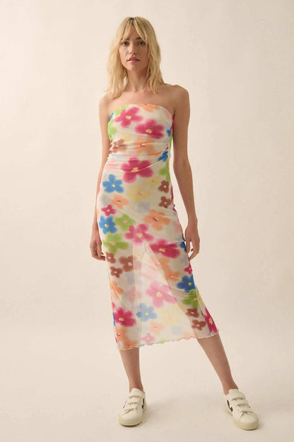 Flower Power Floral Mesh Strapless Midi Dress