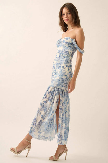 Dewy Dreams Floral Mesh Off-Shoulder Maxi Dress
