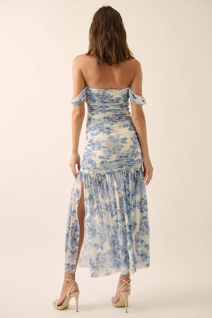 Dewy Dreams Floral Mesh Off-Shoulder Maxi Dress