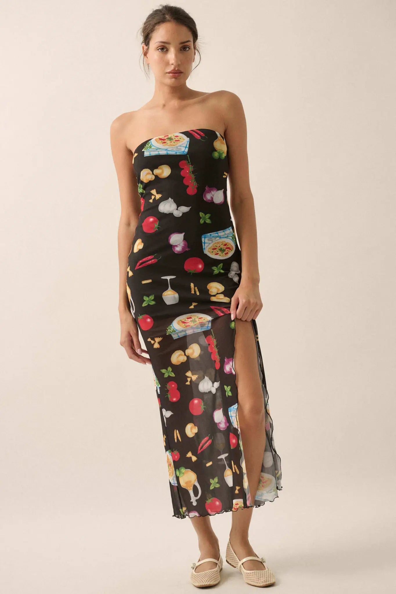 Mambo Italiano Printed Mesh Strapless Maxi Dress