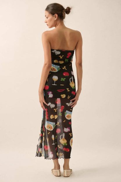 Mambo Italiano Printed Mesh Strapless Maxi Dress