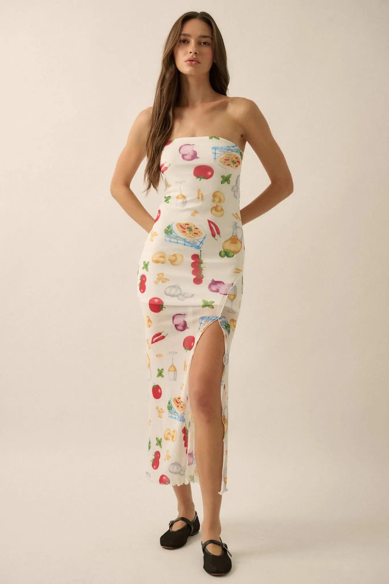 Mambo Italiano Printed Mesh Strapless Maxi Dress