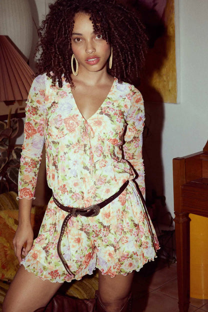 Growing Wild Floral-Print Mesh Long-Sleeve Romper