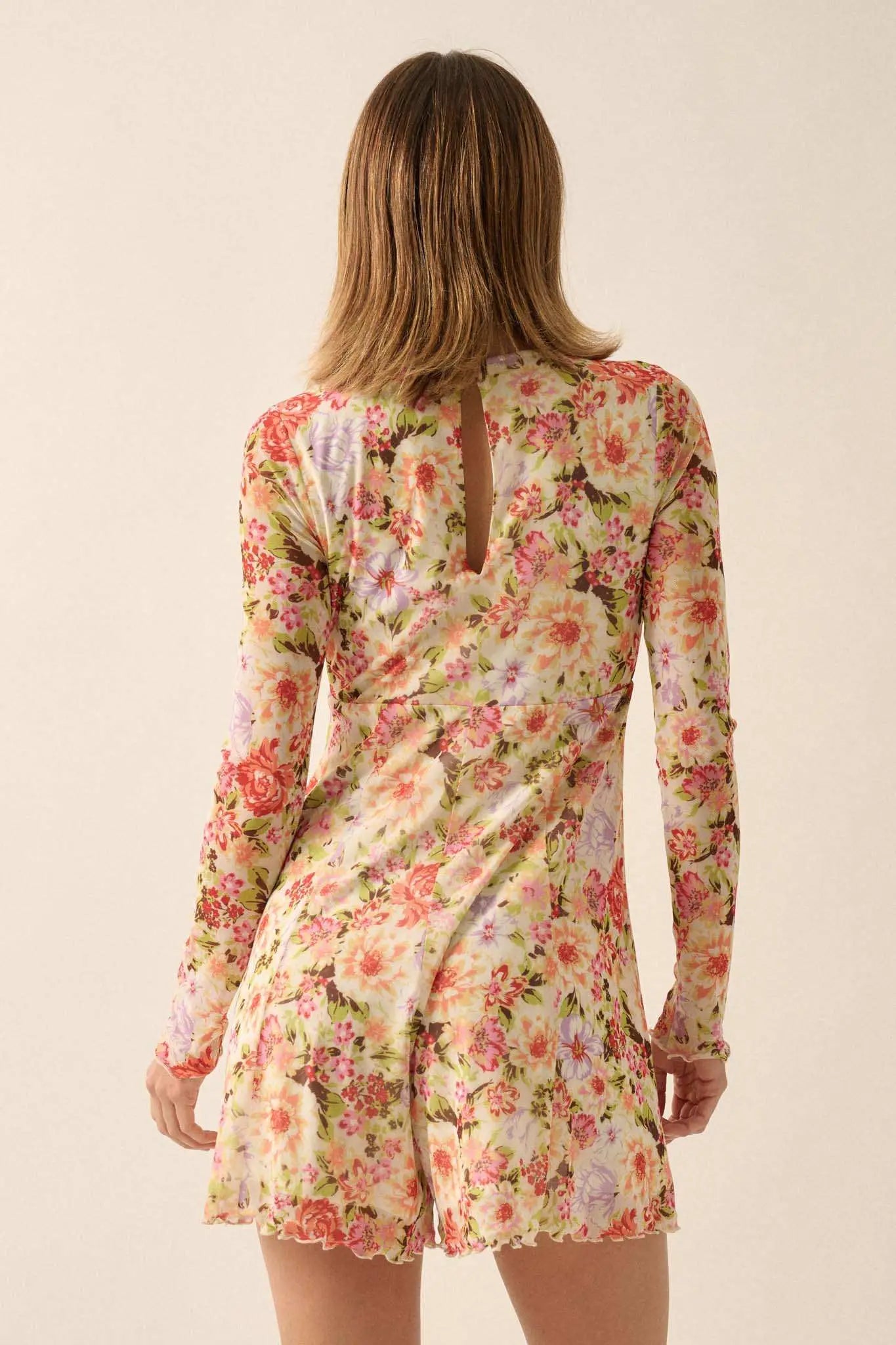 Growing Wild Floral-Print Mesh Long-Sleeve Romper
