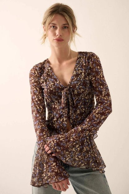Sweet Violets Floral-Print Mesh Bell-Sleeve Top
