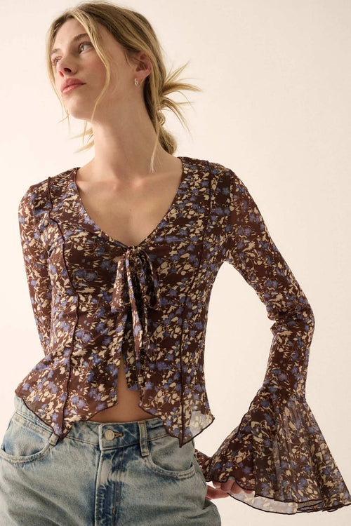 Sweet Violets Floral-Print Mesh Bell-Sleeve Top