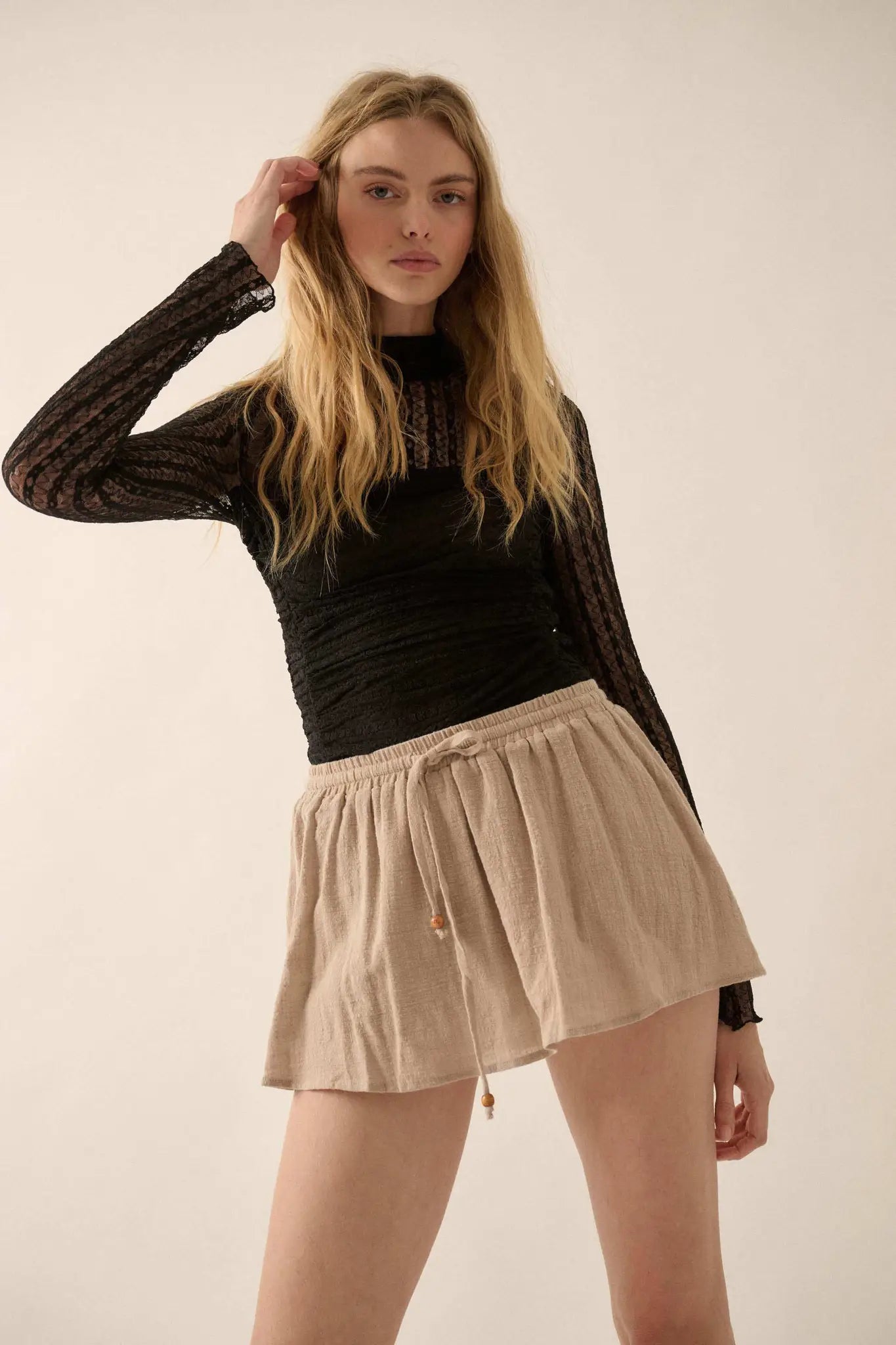 Belle Amour Ruched Striped Lace Mock-Neck Bodysuit