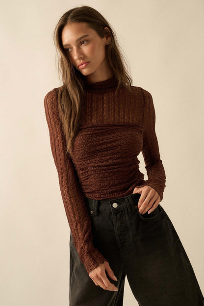 Belle Amour Ruched Striped Lace Mock-Neck Bodysuit