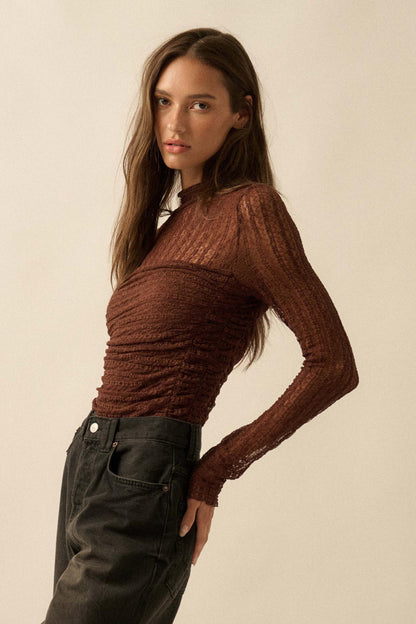 Belle Amour Ruched Striped Lace Mock-Neck Bodysuit