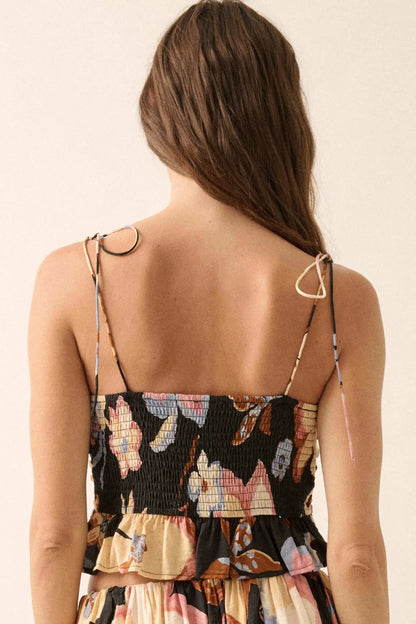 Grow On Textured Floral Cropped Tie-Front Cami Top