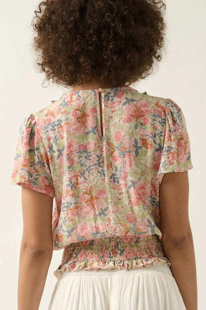 Watercolor Daydream Ruffled Floral Crepe Blouse